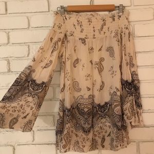 Off shoulder smocked paisley tunic blouse